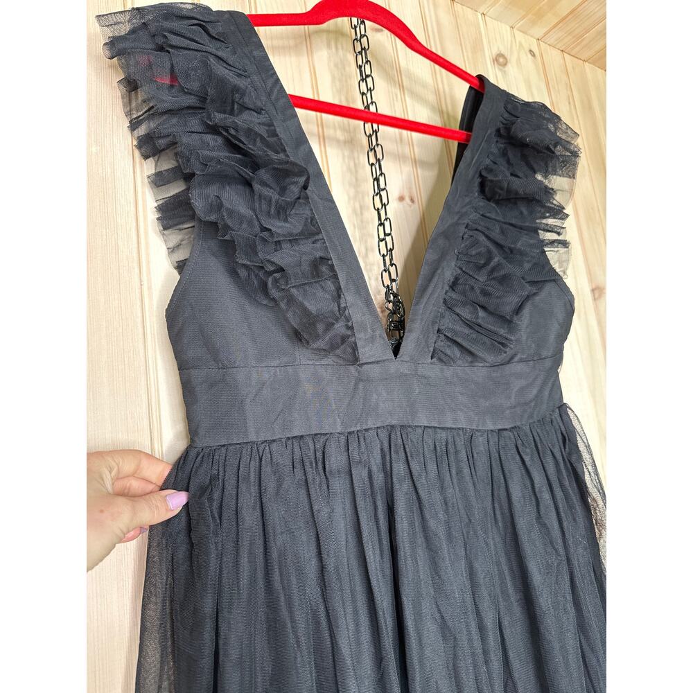 NWT Lulus Simply Delighted Black Mesh Ruffle Backless Maxi Dress Whimsigoth Sz M - Picture 4 of 8